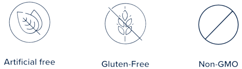 icons showing non-gmo, gluten free and free of artificial products